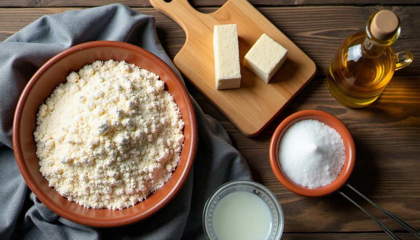 Vue aérienne des ingrédients pour une recette pâte à pizza levure fraîche : farine tipo 00, cube de levure fraîche émietté, sel de mer et huile d'olive sur une table en bois rustique
