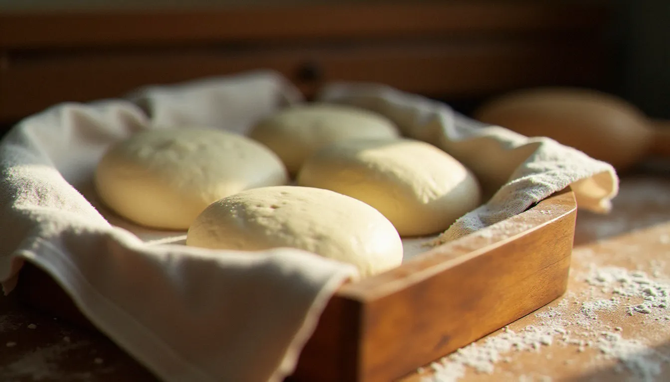 Quatre pâtons de pâte à pizza à la levure fraîche en cours de fermentation finale dans un bac en bois fariné, couverts d'un torchon en lin blanc, lumière chaude de fin d'après-midi