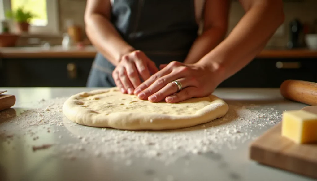Mains travaillant une pâte à pizza préparée avec de la levure fraîche sur un plan de travail en marbre fariné dans une cuisine italienne rustique
