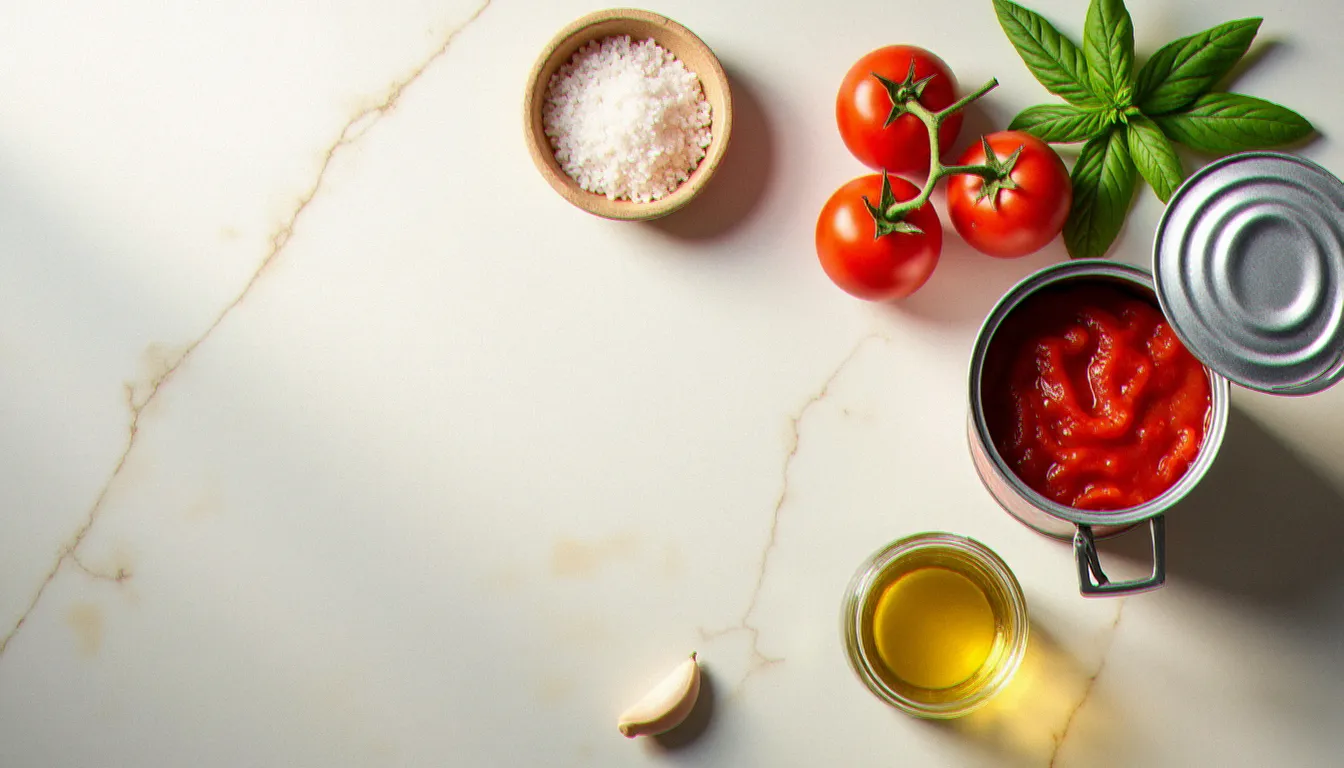 Vue de dessus des ingrédients pour une recette sauce tomate pour pizza italienne authentique : boîte de tomates San Marzano DOP, basilic frais, sel de mer en flocons, huile d'olive extra-vierge et ail sur un plan de travail en marbre