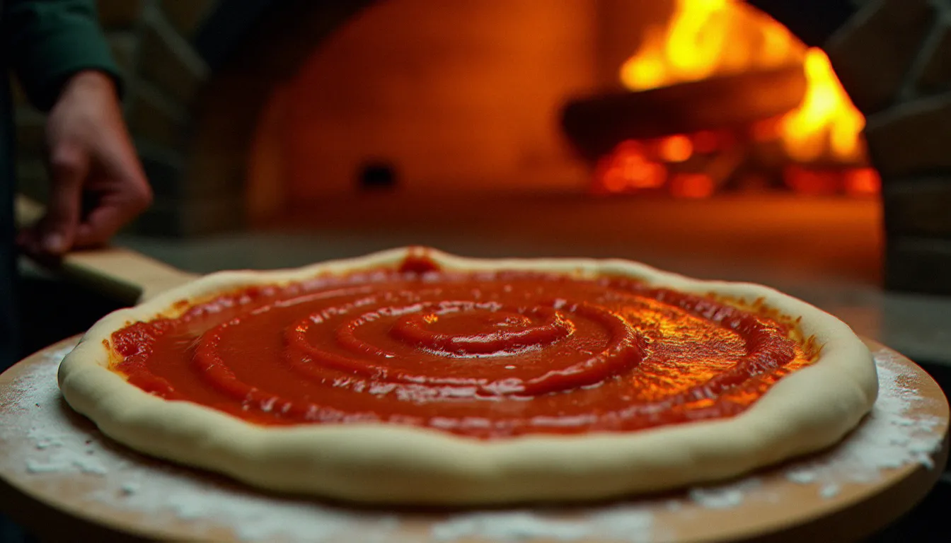 Mains d'un pizzaïolo napolitain étalant en spirale une sauce tomate crue sur une pâte à pizza étirée sur une pelle en bois, avec un four à bois incandescent en arrière-plan flou