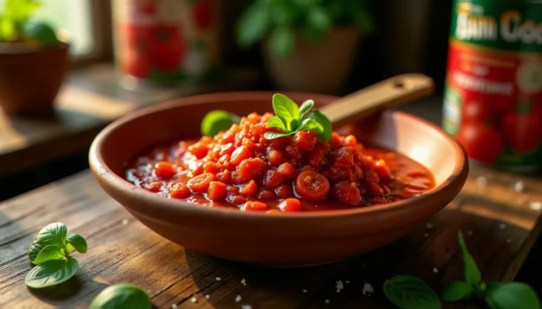 Bol en terre cuite contenant une sauce tomate pour pizza fraîchement préparée à base de tomates San Marzano DOP écrasées à la main avec du basilic frais, dans une cuisine italienne rustique baignée de lumière naturelle