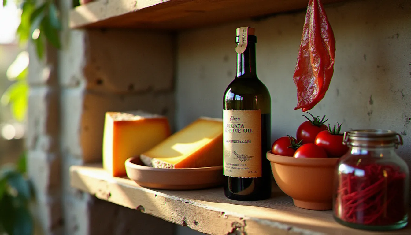 Étagère en bois patiné présentant les ingrédients essentiels de la cuisine italienne traditionnelle : bouteille d'huile d'olive DOP, parmesan Reggiano, tomates San Marzano dans un bol en terre cuite et guanciale suspendu.