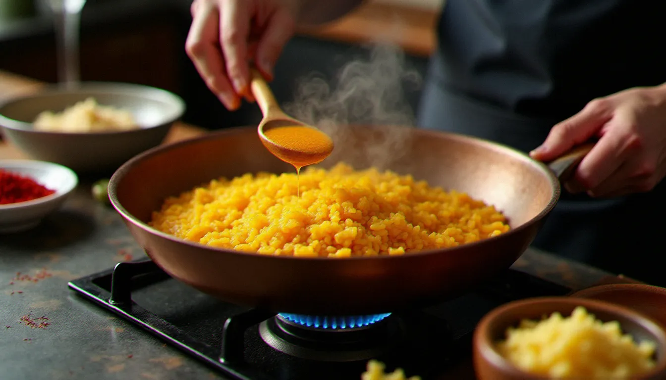 Mains expertes remuant un risotto alla milanese d'un jaune doré intense au safran dans une casserole en cuivre, avec du bouillon de veau versé en filet et du parmesan râpé — technique authentique des recettes italiennes traditionnelles.