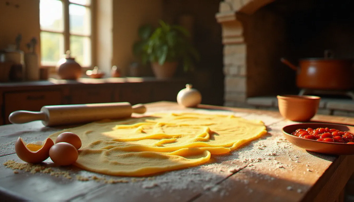 Table en bois rustique couverte de feuilles de pâtes fraîches maison, d'œufs dorés et de farine type 00, avec une sauce tomate mijotant en arrière-plan dans une cuisine italienne traditionnelle.