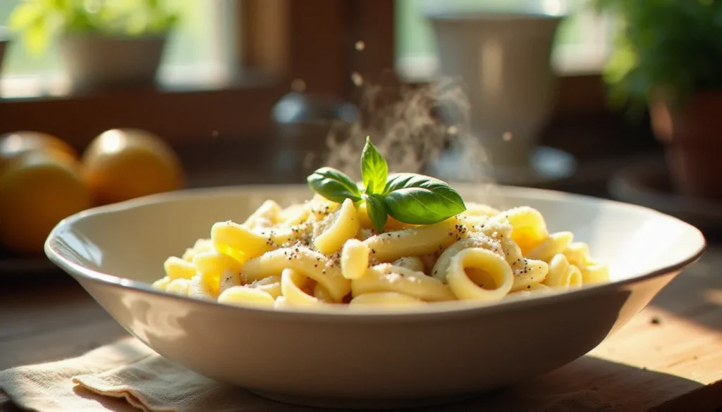 Bol de ricotta pâtes crémeuses avec rigatoni, ricotta fraîche de brebis, zeste de citron et basilic frais sur une table en bois rustique