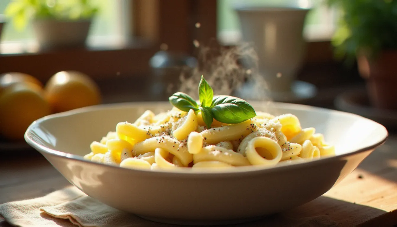 Bol de ricotta pâtes crémeuses avec rigatoni, ricotta fraîche de brebis, zeste de citron et basilic frais sur une table en bois rustique
