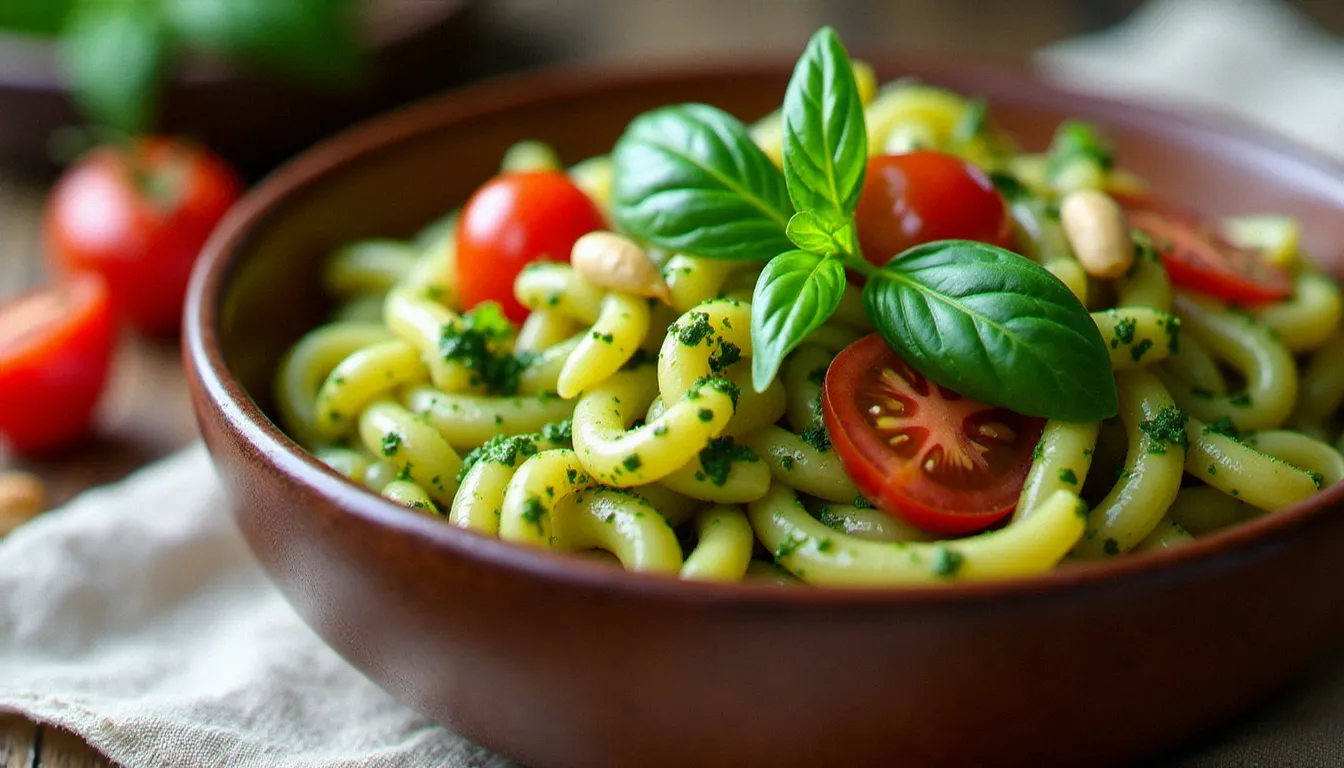 Bol de salade de pâtes pesto au basilic frais avec tomates cerises et pignons de pin sur une table en bois rustique