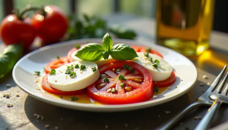 Assiette de salade mozzarella caprese avec tranches de mozzarella di bufala, tomates mûres et basilic frais arrosés d'huile d'olive sur table en pierre