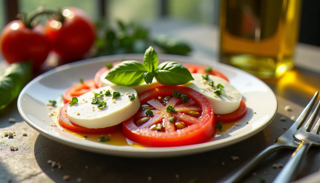 Assiette de salade mozzarella caprese avec tranches de mozzarella di bufala, tomates mûres et basilic frais arrosés d'huile d'olive sur table en pierre