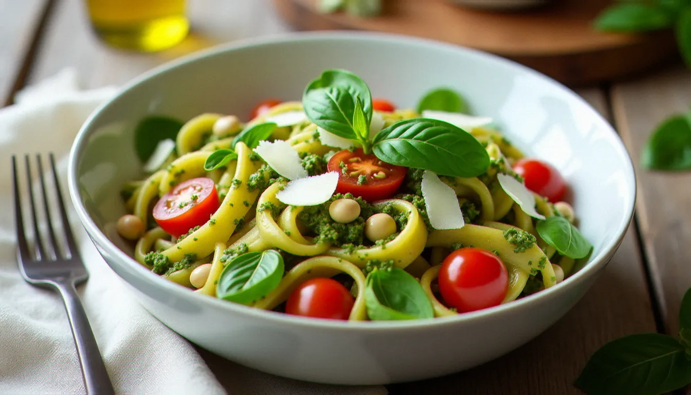 Salade pâte pesto au basilic frais avec tomates cerise et copeaux de parmesan dans un bol blanc sur table en bois