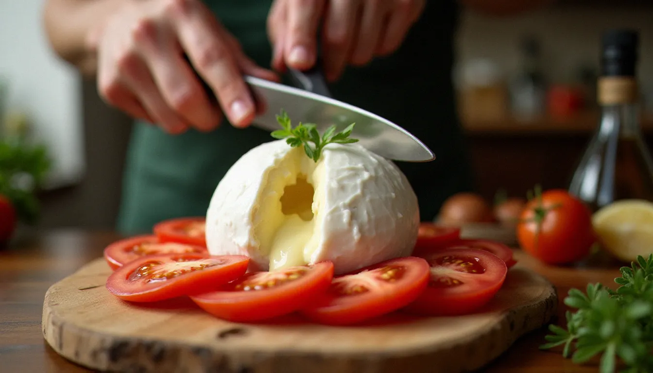 Mains artisanales ouvrant une burrata fraîche dont la stracciatella crémeuse se répand sur des tranches de tomates mûres