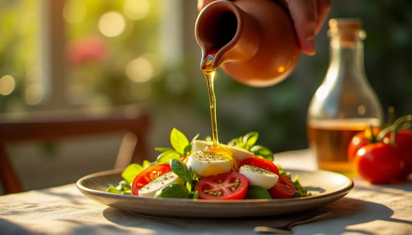 Filet d'huile d'olive extra vierge sicilienne dorée versée sur une salade tomate burrata colorée, lumière méditerranéenne chaleureuse