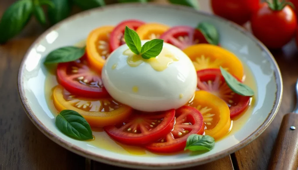salade tomate burrata featured Salade tomate burrata dressée sur une assiette en céramique blanche avec des tomates anciennes colorées, basilic frais et filet d'huile d'olive, lumière naturelle