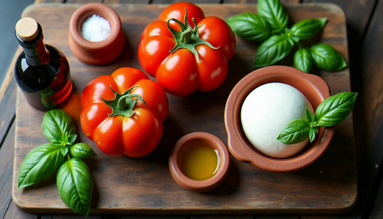 Ingrédients frais pour salade tomate mozza disposés sur une planche en bois d'olivier : tomates anciennes variées, boule de mozzarella di bufala dans son lactosérum, basilic frais et huile d'olive sicilienne en bouteille sombre