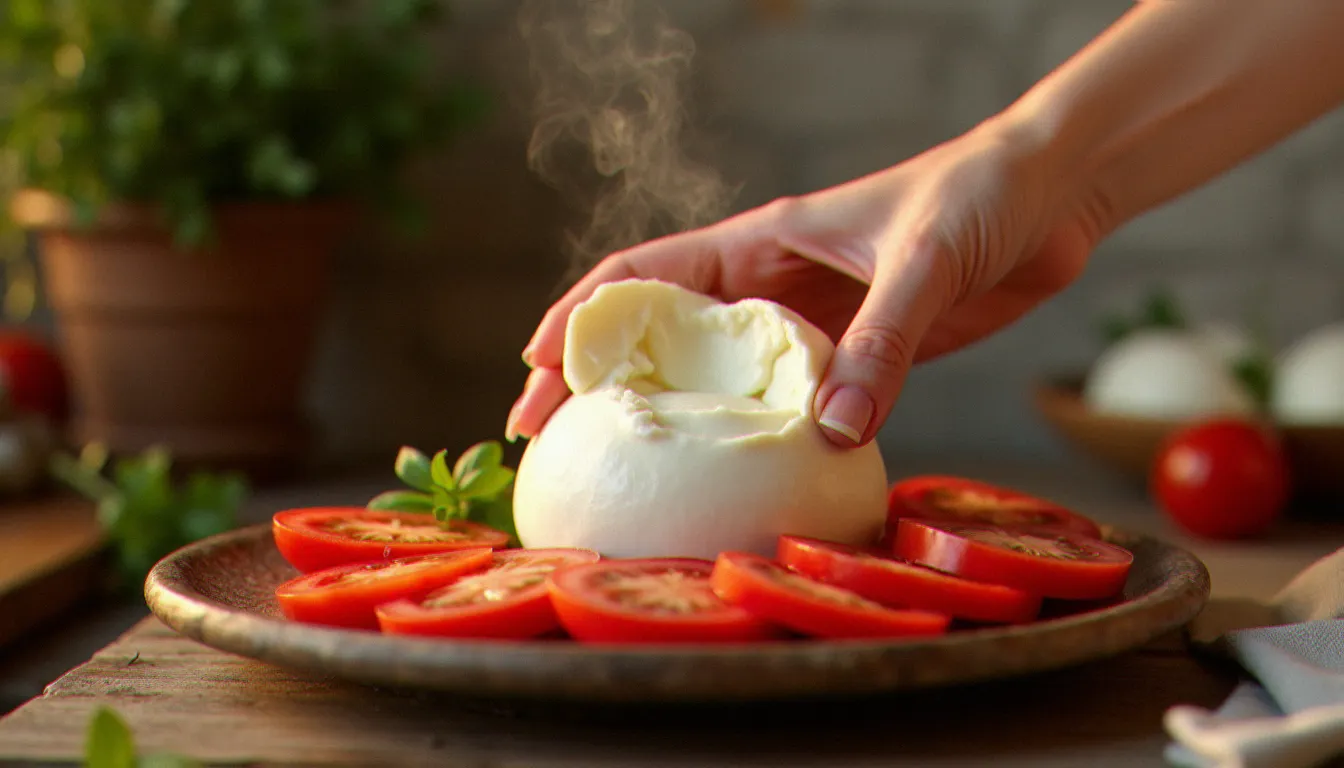 Mozzarella di bufala fraîche déchirée à la main au-dessus d'une assiette de salade tomate mozza, révélant sa texture crémeuse et blanche dans une cuisine italienne rustique éclairée à la lumière dorée