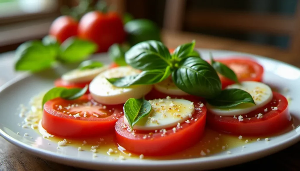 salade tomate mozza featured Salade tomate mozza authentique à l'italienne avec tranches de tomate Cuore di Bue, mozzarella di bufala Campana DOP et feuilles de basilic frais arrosées d'huile d'olive extra vierge sur une assiette en faïence blanche