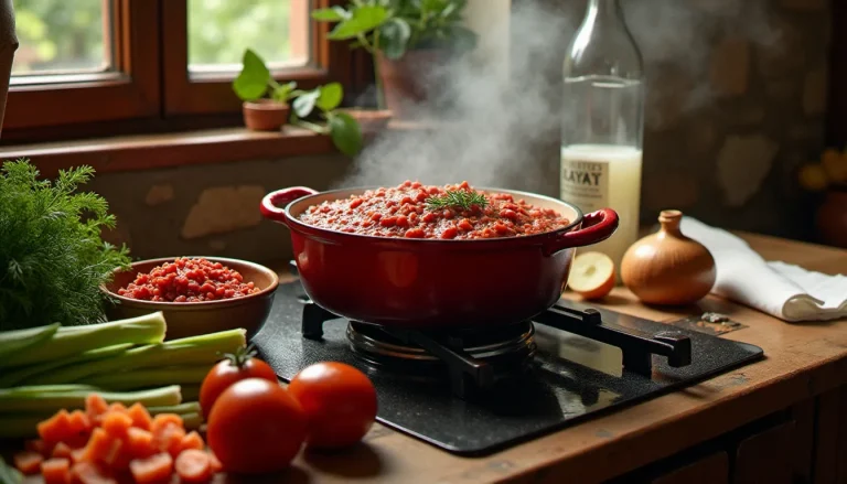 Cocotte en fonte contenant une sauce bolognaise recette authentique qui mijote doucement, entourée des ingrédients traditionnels du ragù alla Bolognese sur un comptoir de cuisine italienne rustique