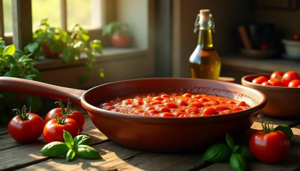 sauce napolitaine featured Une sauteuse en terre cuite contenant une sauce napolitaine rouge brillante qui mijote doucement, entourée de tomates San Marzano fraîches et de feuilles de basilic sur une table en bois rustique dans une cuisine italienne