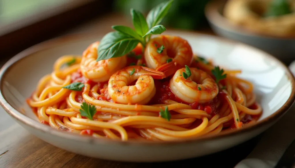 Bol de spaghetti crevette avec gambas dorées et sauce tomate, parsemé de persil frais sur une table en bois rustique