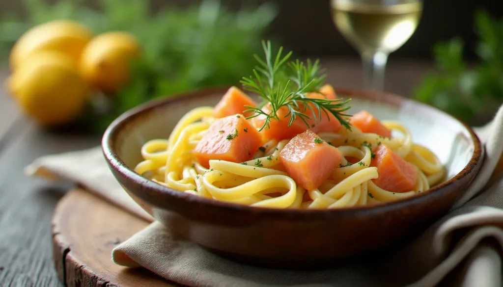 Bol de tagliatelles au saumon frais nappées d'une sauce crémeuse, garnies d'aneth frais, servies dans une vaisselle en céramique rustique italienne