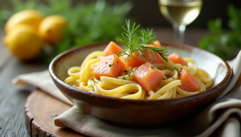 Bol de tagliatelles au saumon frais nappées d'une sauce crémeuse, garnies d'aneth frais, servies dans une vaisselle en céramique rustique italienne
