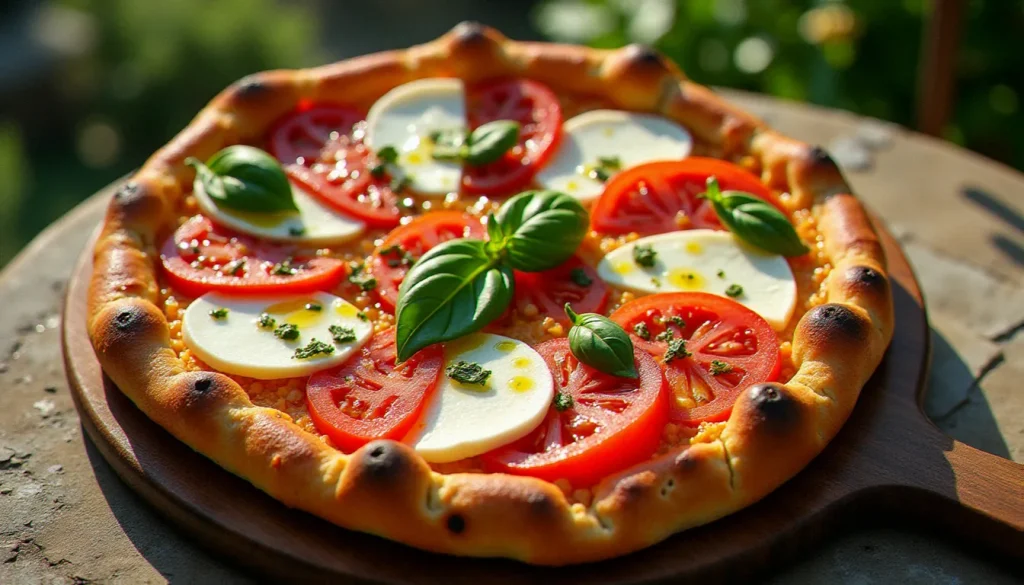 Tarte mozzarella tomate dorée garnie de basilic frais et d'un filet d'huile d'olive, posée sur une planche en bois rustique dans une lumière chaude d'été