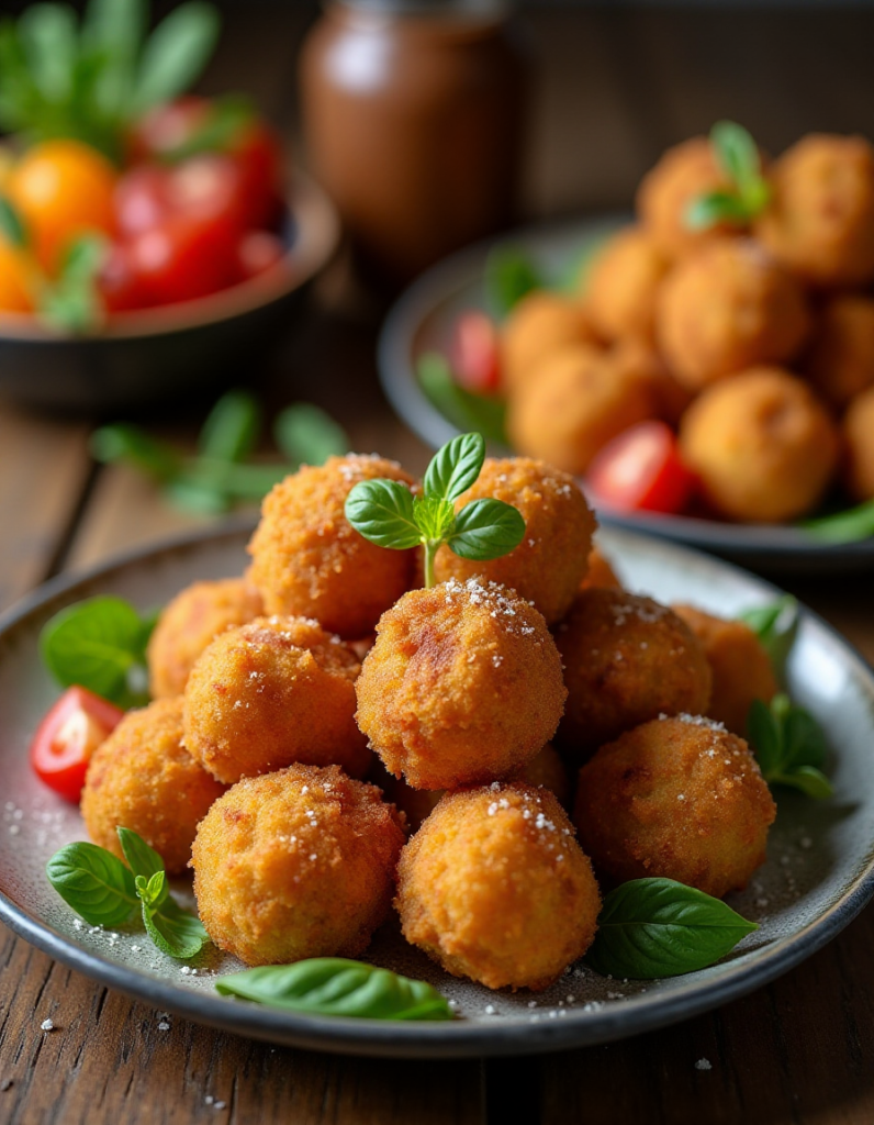 Arancini recette facile - boules de riz siciliennes dorées sur une assiette rustique avec basilic frais