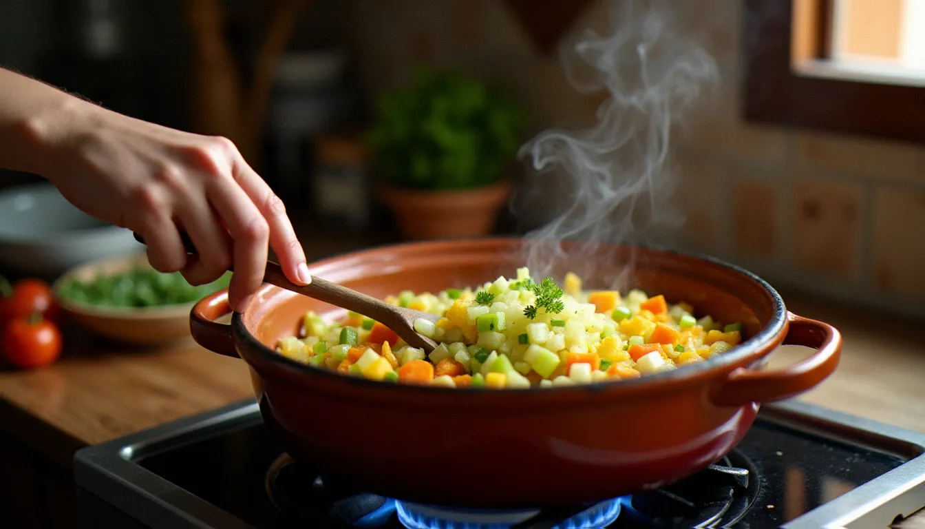 Mains expérimentées préparant un soffritto traditionnel dans une casserole en terre cuite, technique fondamentale de la cuisine ital recette authentique