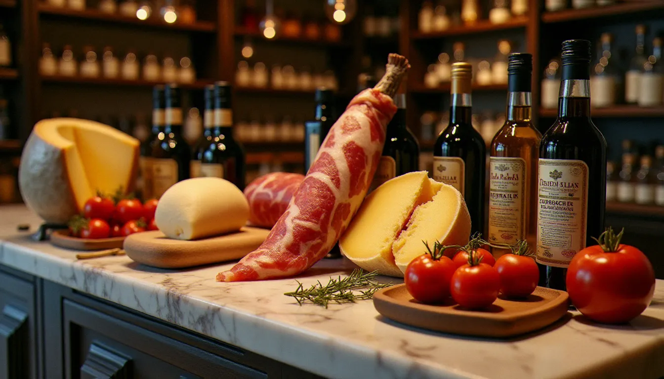Étalage d'une épicerie fine italienne présentant des produits certifiés DOP et IGP, indispensables pour sublimer une cuisine ital recette dans les règles de l'art