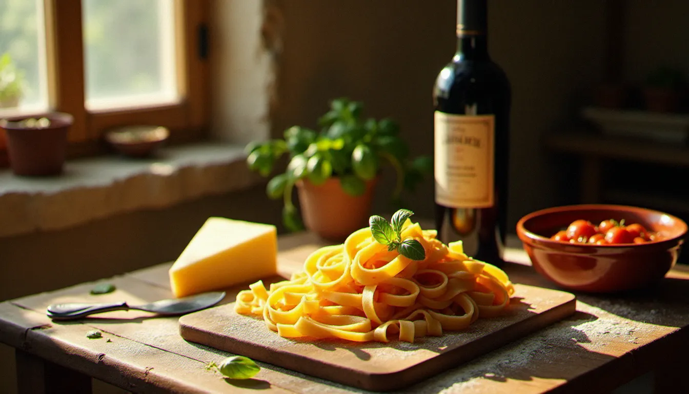 Table de cuisine italienne rustique avec des pâtes fraîches maison, sauce tomate San Marzano et Parmigiano Reggiano, illustration de la cuisine ital recette traditionnelle au quotidien