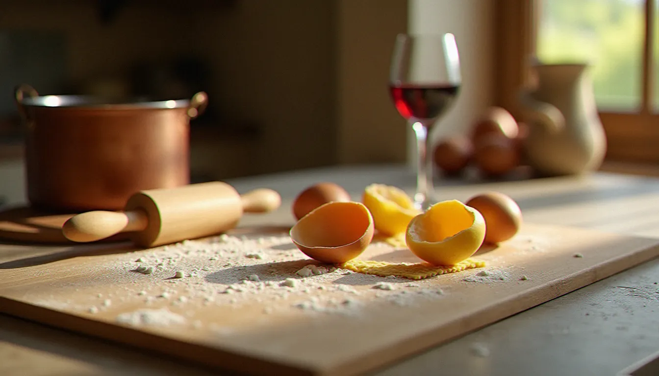 Plan de travail d'îlot de cuisine italienne en pierre de Vicenza avec préparation de pasta fraîche à la main, planche à découper et casserole en cuivre