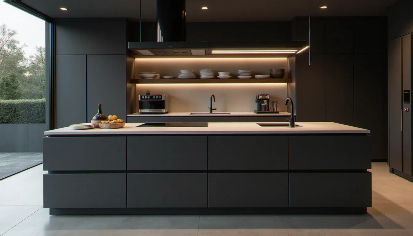 Îlot de cuisine italienne contemporaine style milanais en laque anthracite mate, plaque de cuisson intégrée et rangements ouverts avec céramiques italiennes