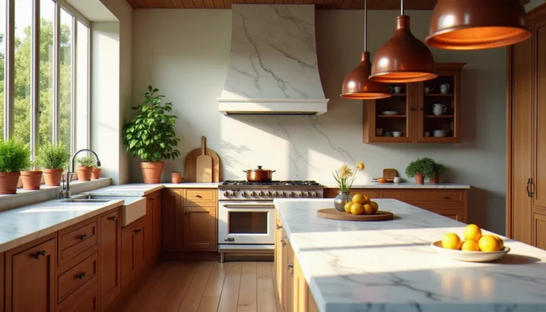 Cuisine italienne avec îlot en marbre de Carrare blanc, armoires en noyer chaud et casseroles en cuivre suspendues, lumière naturelle du matin