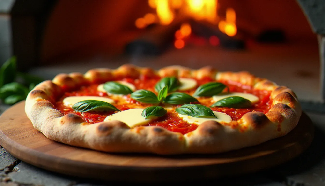 Pizza napolitaine Margherita authentique avec sa pâte gonflée et ses taches de cuisson caractéristiques, servie sur une planche en bois devant un four à bois, plat phare des avis positifs sur la cuisine italienne.