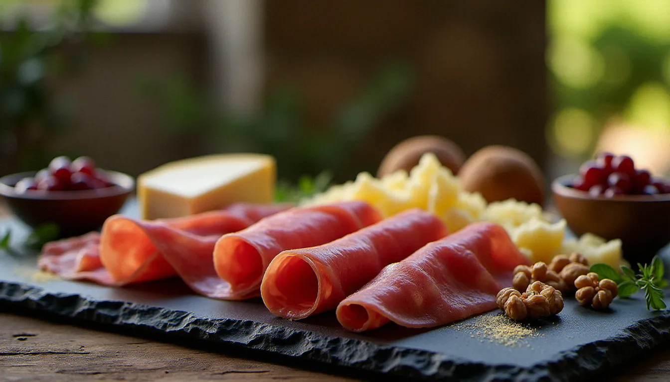 Plateau de charcuteries et fromages italiens régionaux avec bresaola, prosciutto di Parma et Castelmagno disposés sur une ardoise, illustrant la diversité des cuisines régionales évoquée dans les avis sur la cuisine italienne.