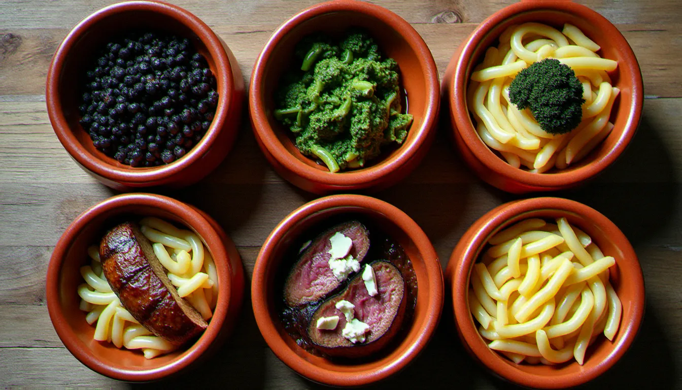 Six petits plats régionaux de la cuisine italienne vus du dessus : risotto nero vénitien, pesto ligure, orecchiette pugliaise, bistecca toscane, pasta alla Norma sicilienne et tajarin piémontais à la truffe blanche