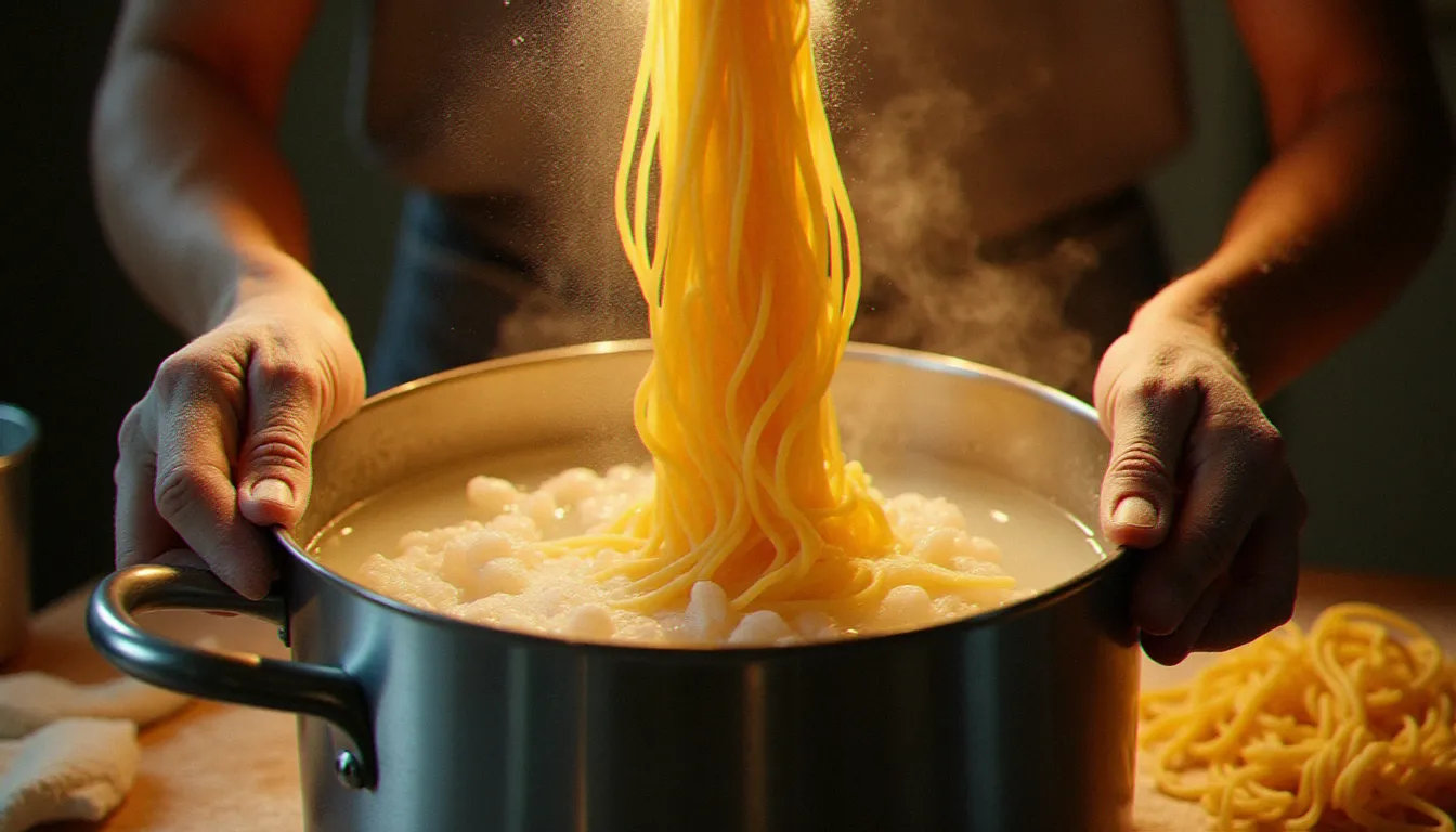 Mains farinées plongeant des spaghetti frais dorés dans une grande casserole d'eau bouillante salée, vapeur s'élevant dans une cuisine italienne familiale éclairée chaleureusement