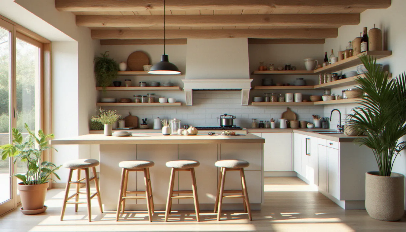 Aménagement d'une cuisine italienne design en configuration ouverte avec bar de convivialité en chêne vieilli et étagères ouvertes exposées à la lumière naturelle