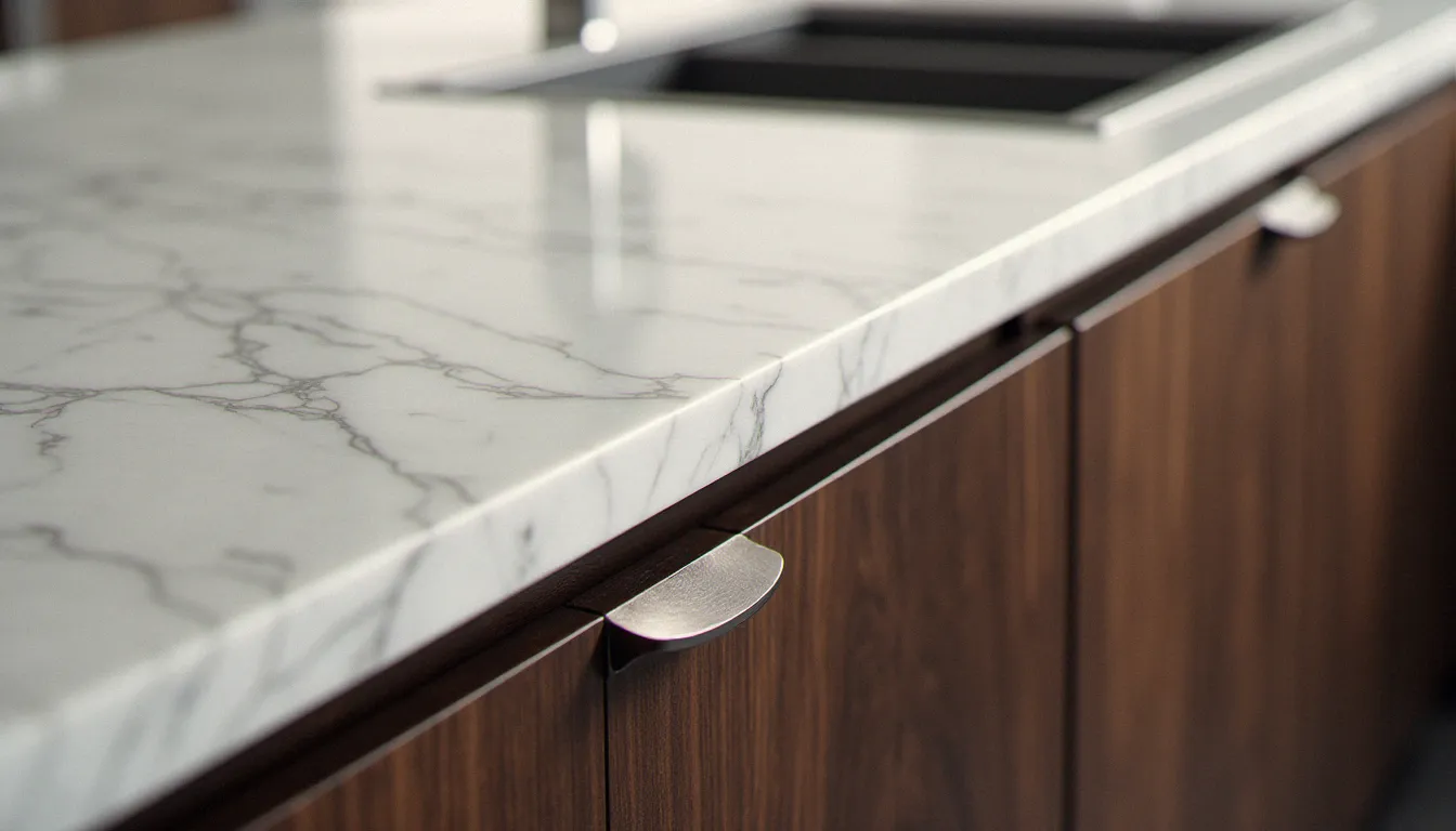 Détail des matériaux nobles d'une cuisine italienne design — marbre blanc de Carrare, acier inoxydable brossé et bois de noyer — illustrant les contrastes de textures caractéristiques du style