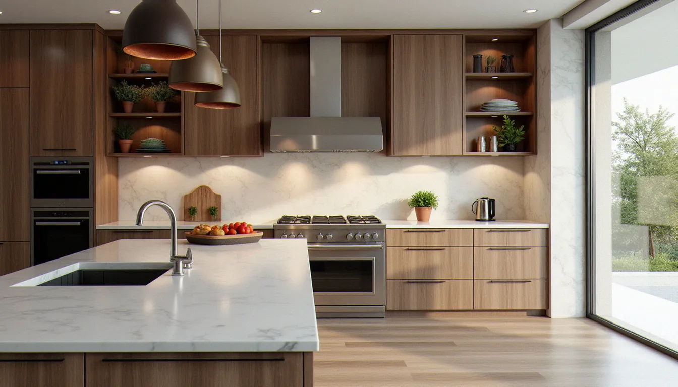 Cuisine italienne design contemporaine avec plan de travail en marbre de Carrare, armoires en noyer massif et îlot central éclairé par des suspensions dorées
