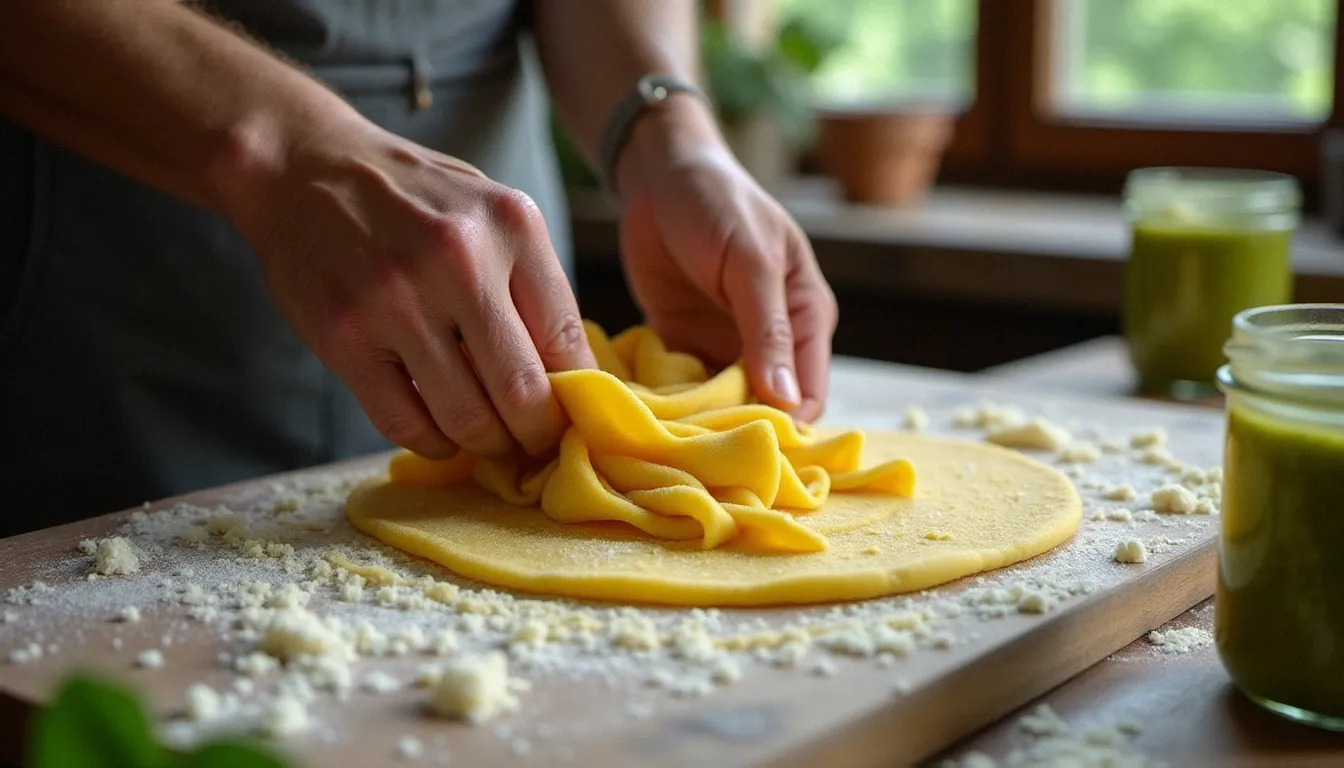 Mains de nonna façonnant de la pâte fraîche piémontaise sur un plan de travail en bois fariné, avec un bocal de pesto alla genovese en arrière-plan flou