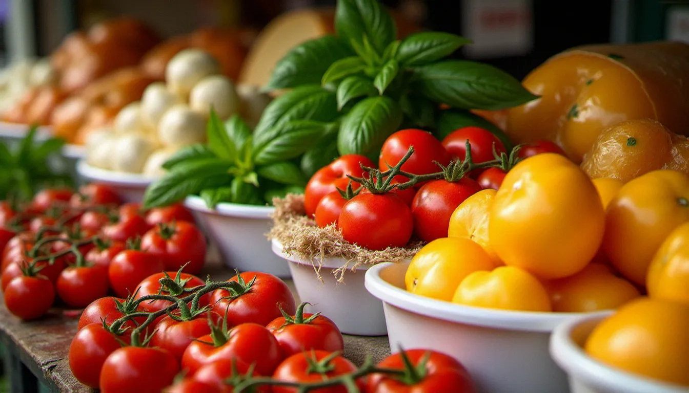 Étal de marché du sud de l'Italie avec tomates San Marzano, mozzarella di bufala fraîche, fromages AOP et herbes aromatiques, représentant l'authenticité des ingrédients de la cuisine italienne