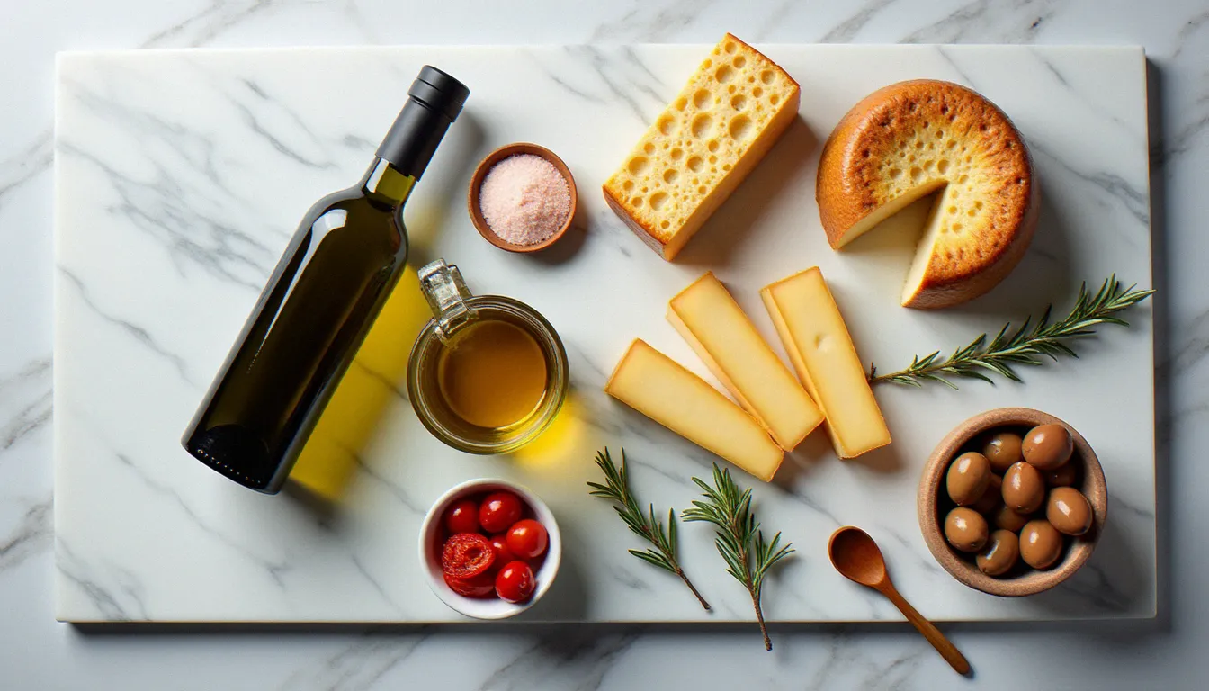 Assortiment de produits régionaux italiens authentiques sur marbre gris : Parmigiano Reggiano fendu, huile d'olive sicilienne Nocellara, tomates séchées et olives taggiasca ligures