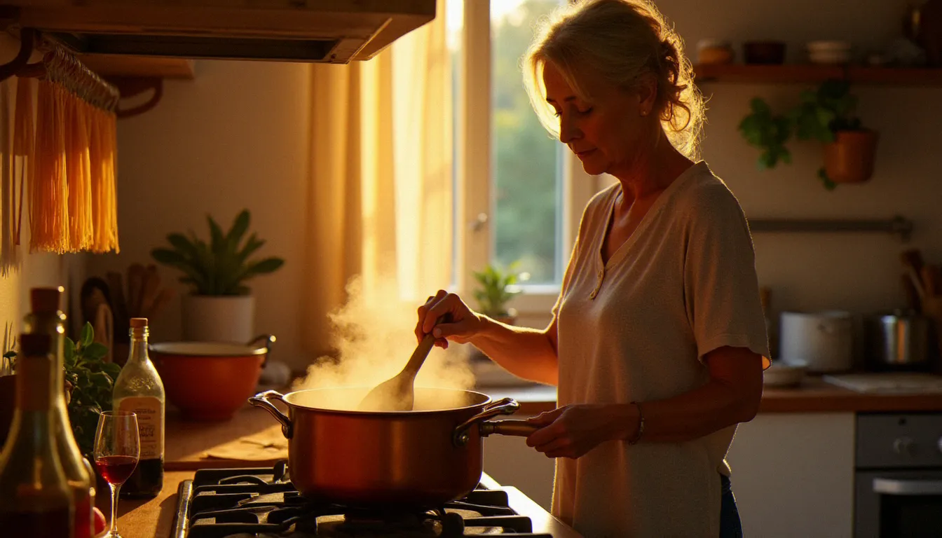 Femme cuisinant un ragù bolognese mijoté dans une casserole en cuivre dans une cuisine italienne chaleureuse au coucher du soleil, évoquant le savoir-faire de la cuisine italienne traditionnelle
