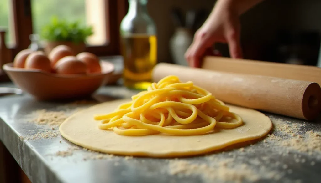 cuisine italienne est featured Préparation de tagliatelle fraîches à la main sur un plan de travail en marbre dans une cuisine italienne rustique, illustrant la cuisine italienne authentique