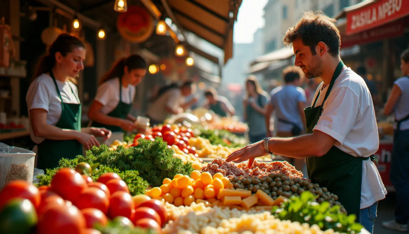 Marché en plein air à Turin avec des étals de légumes de saison, fromages affinés et charcuteries artisanales typiques des régions italiennes