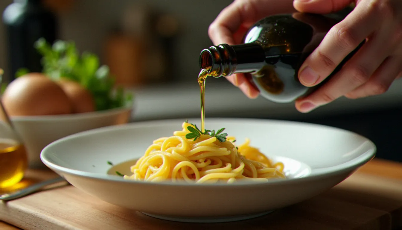 Filet d'huile d'olive extra vierge AOP versée sur un plat de pâtes simples, illustrant l'importance du produit authentique dans la cuisine italienne