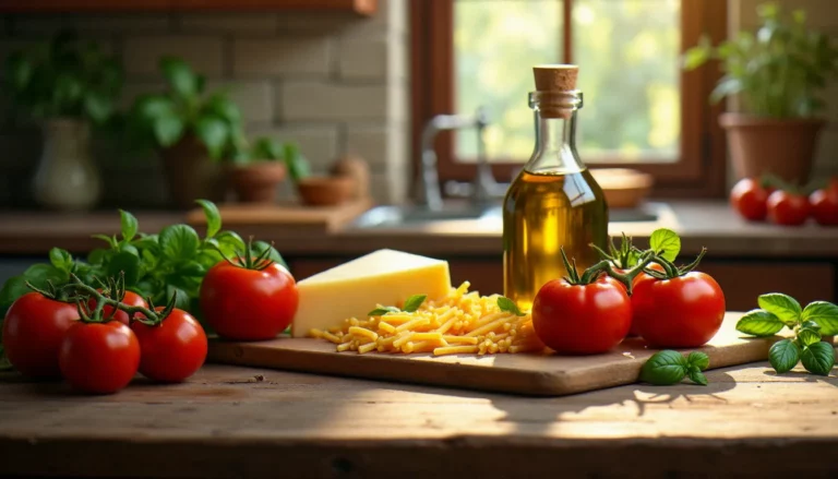 Table en bois rustique avec des ingrédients authentiques de la cuisine italienne — tomates San Marzano, huile d'olive, basilic frais, pâtes faites main et parmesan