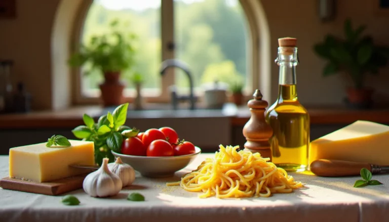 Table de cuisine italienne rustique avec ingrédients authentiques : tagliatelle fraîches, tomates San Marzano, huile d'olive extra vierge, Parmigiano Reggiano et basilic frais